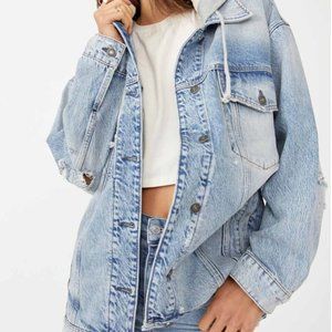 Free People We The Free Flawless Hooded Denim Jacket Oversized Distresse…